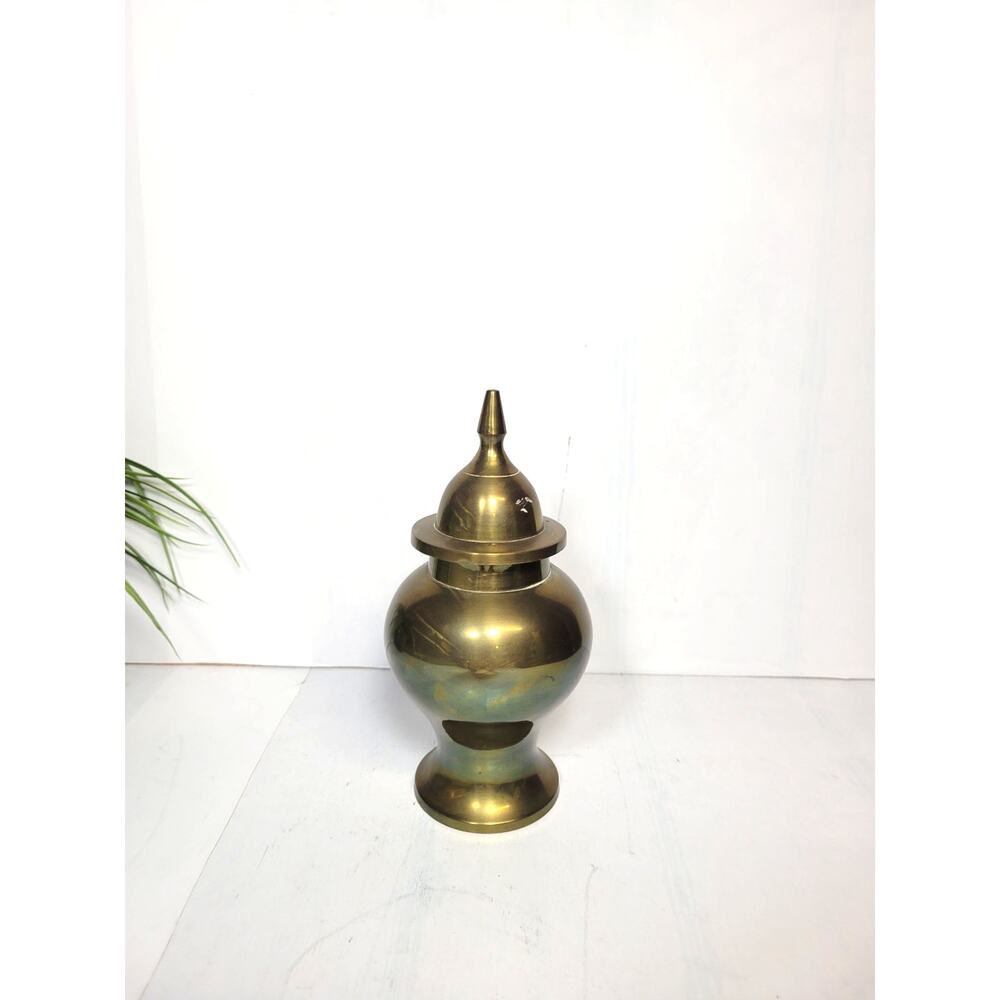 Vintage Brass Ginger Jar Style Small Urn Vase 7.5" Attached Lid Decor India
